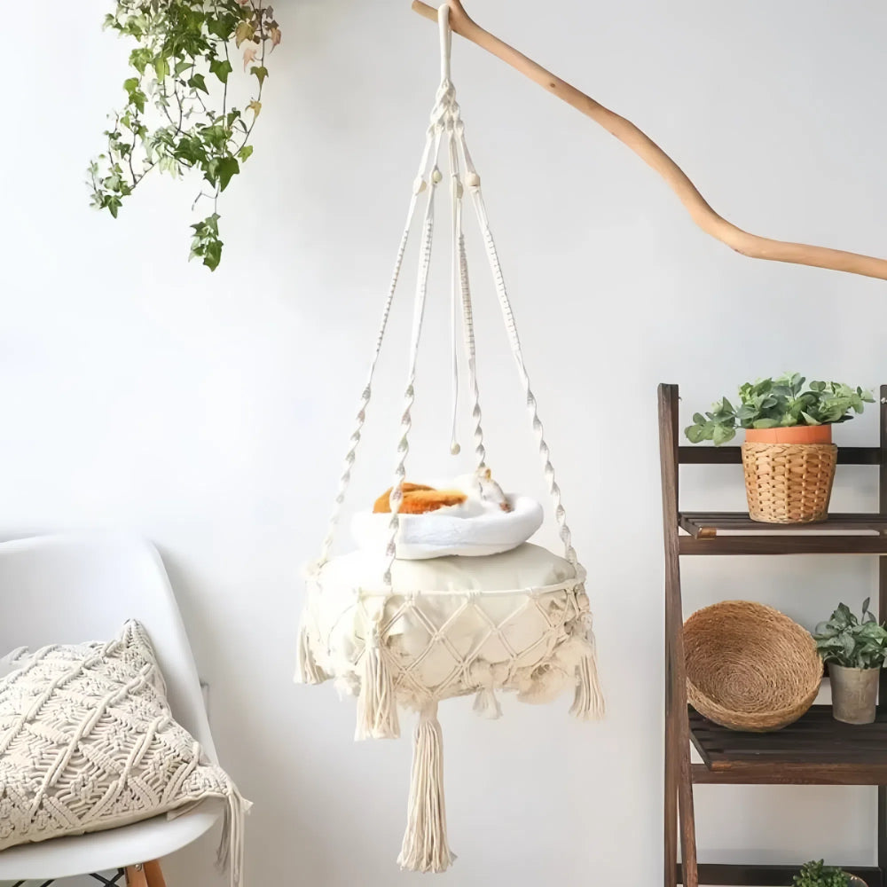 Hand Woven Cotton Cat Hammock Luxurious Hanging Basket for Indoor Kitties_0